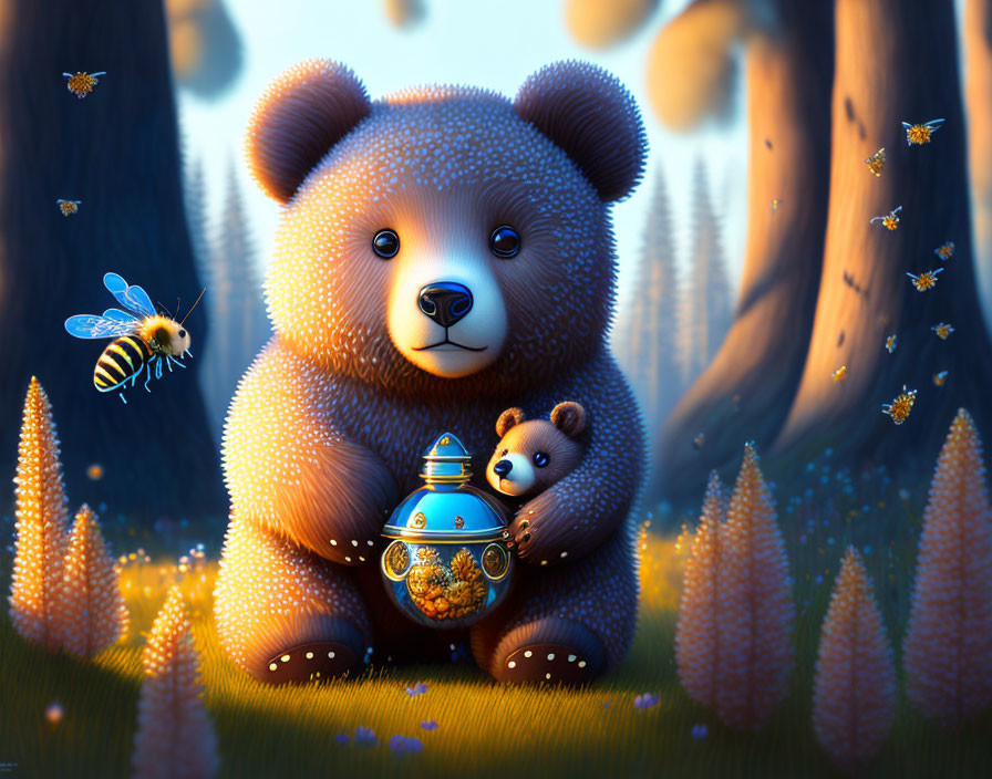 A cool and cute bear hanging out with a honey bee,