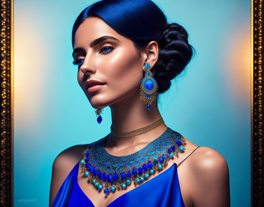 Young woman with blue earrings,necklace in a blue 