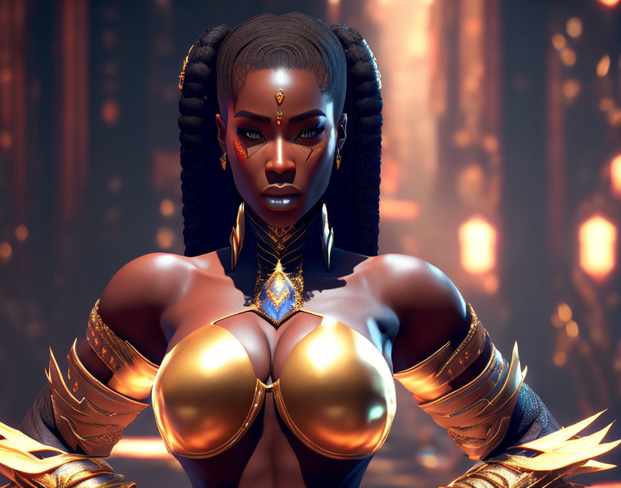 Elaborate gold armor on fierce female character in fiery setting