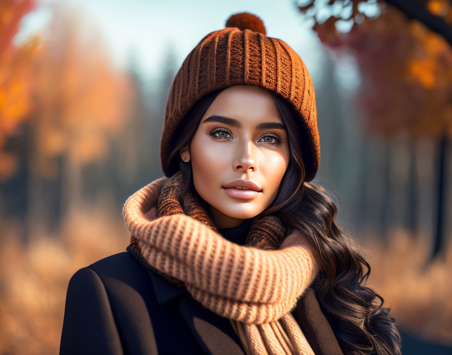  Young woman in black pants and sweater,brown autu