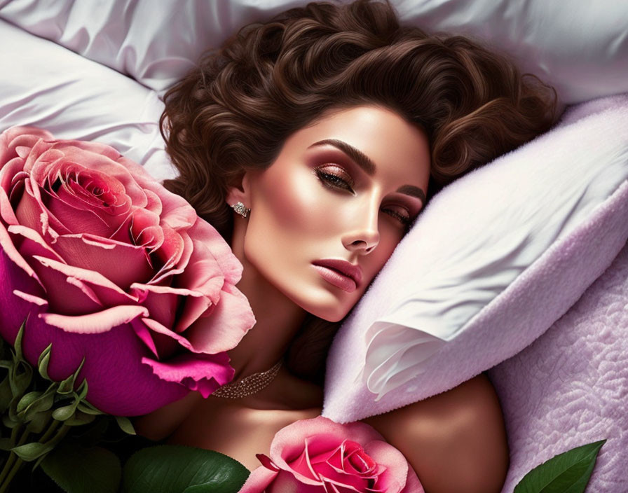  Romance,pretty woman lying in roses