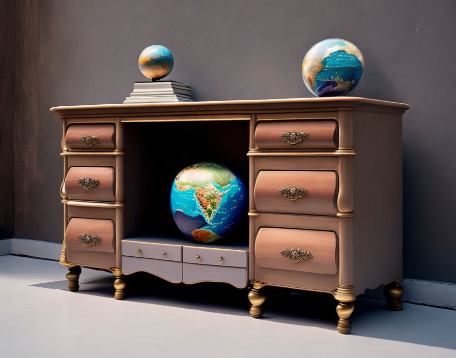 A dresser with a small globe on it