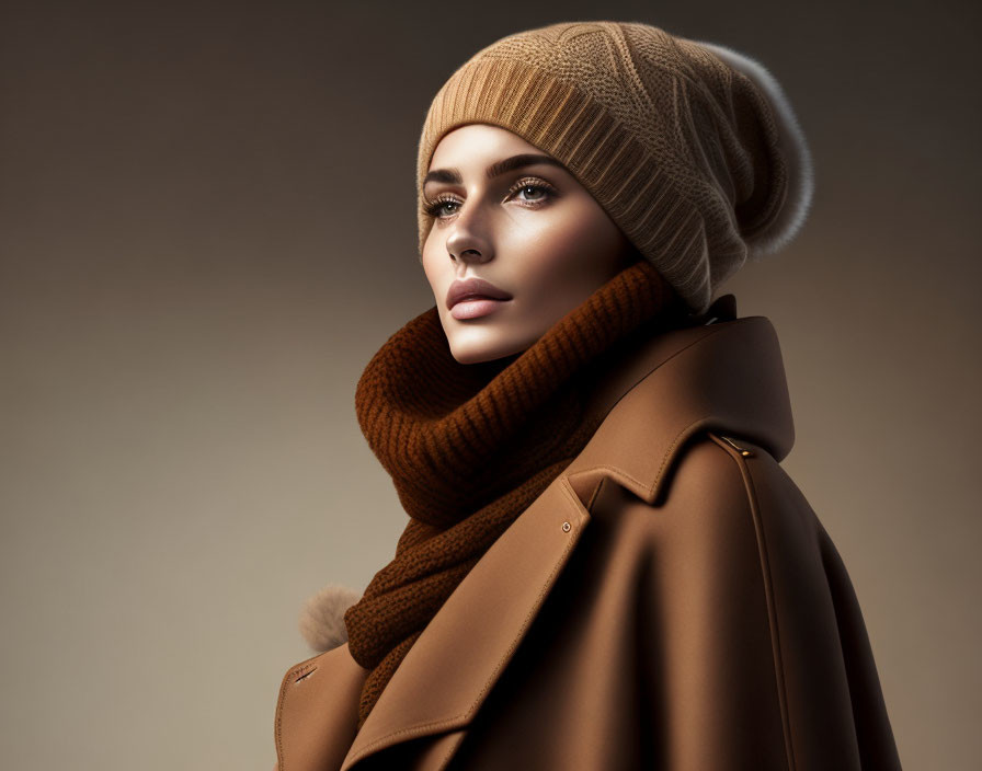 Young woman in a brown,beige coat,cap and scarf,fu