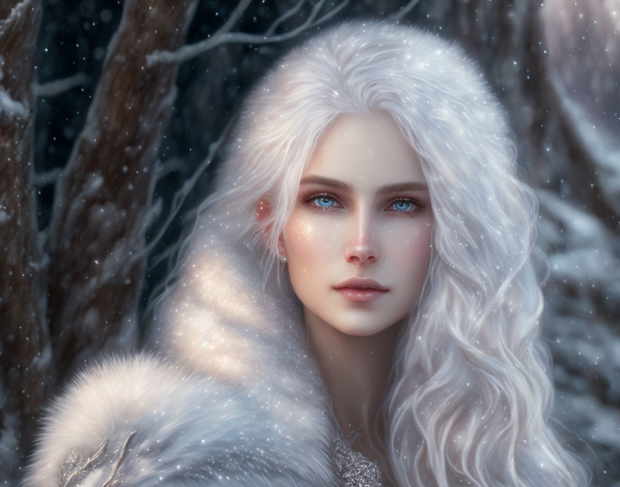 Portrait of woman with white hair and blue eyes in snowy setting wearing fur cloak