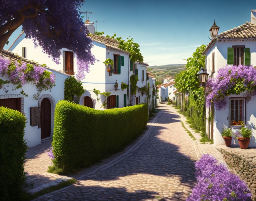 Cobblestone Street with White Houses, Purple Wisteria, and Vintage Lamps