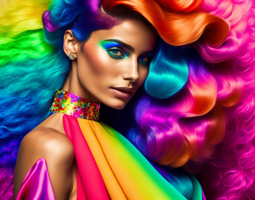 Vibrant rainbow-colored hair woman in multicolored off-the-shoulder dress
