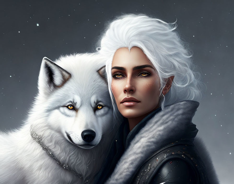 Digital artwork featuring woman with white hair and striking eyes with white wolf on starry background