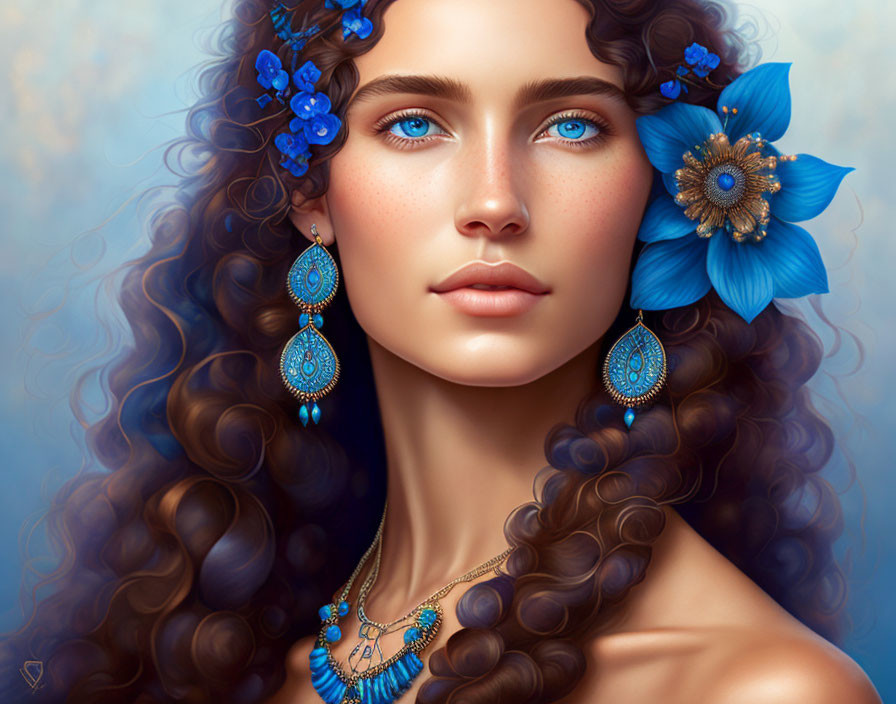 Young woman with brown curly,long hair,blue earrin
