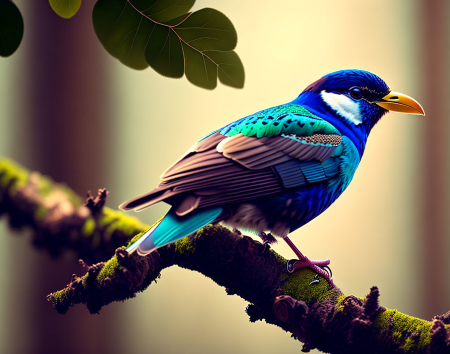 Blue bird with intricate feathers on moss-covered branch.