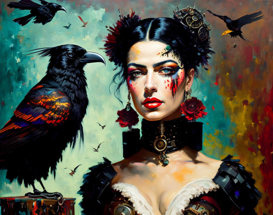 Portrait of woman with blue eyes and black hair, gothic jewelry, raven, and roses in