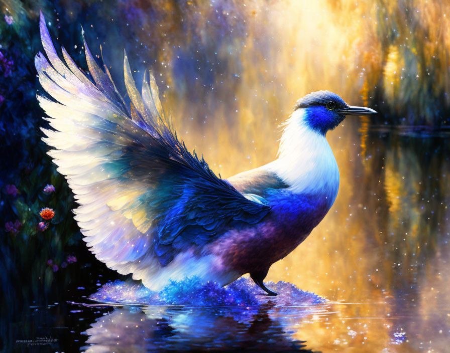 Colorful Bird with Expansive Wings in Sparkling Forest Pond