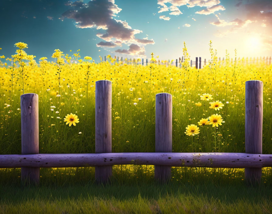 Wooden Fence in Vibrant Yellow Flower Field under Picturesque Sky