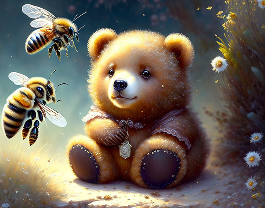  A cool and cute bear hanging out with a honey bee