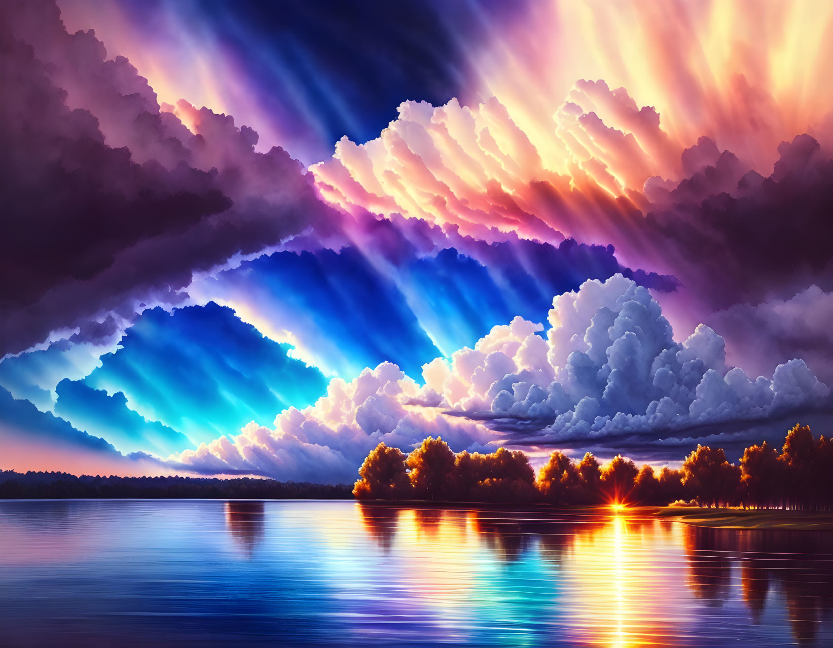  Cumulonimbus clouds, lake, reflection, sun rays, 
