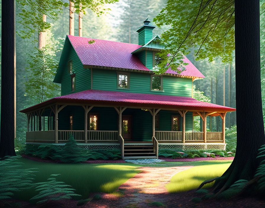 House in the forest with beautiful porch and steps