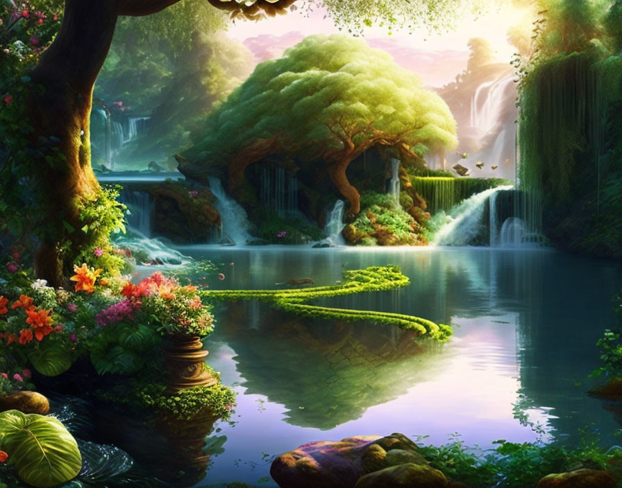 Tranquil Forest Landscape with Waterfalls, Lake, and Ancient Tree