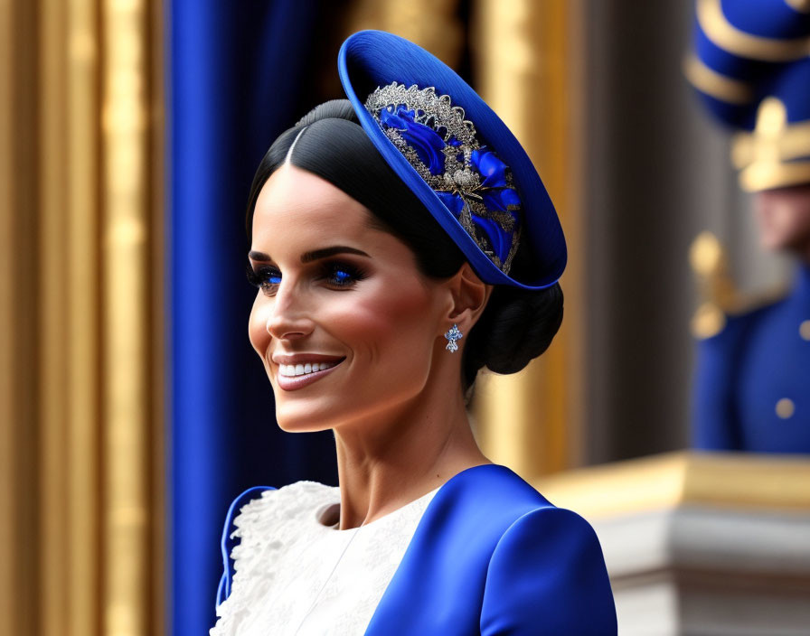 Elegant woman in royal blue hat and jewels with ceremonial guard in background