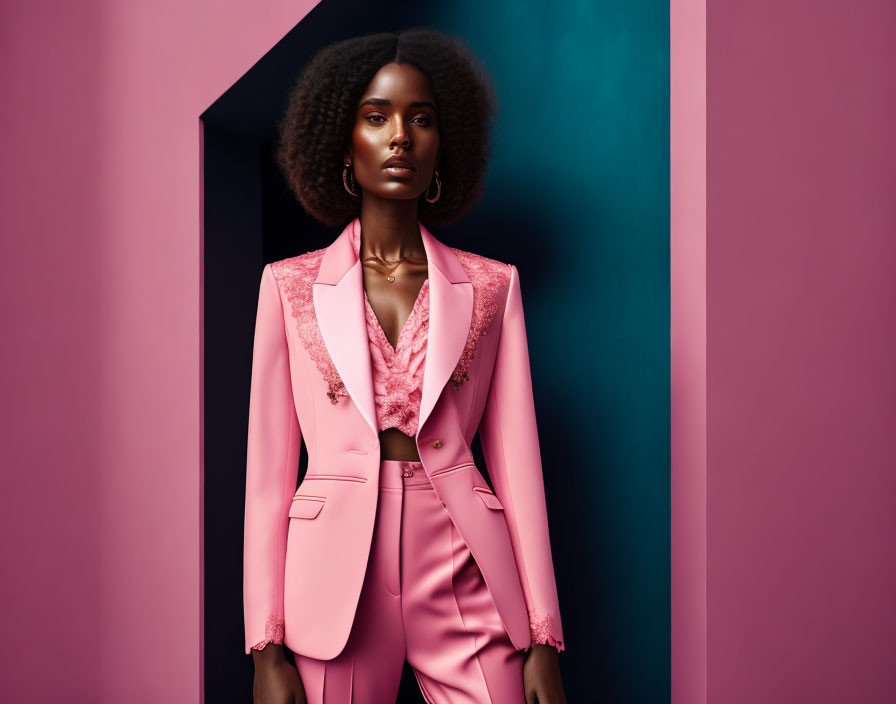 Stylish woman in pink suit with lace details against pink and teal backdrop