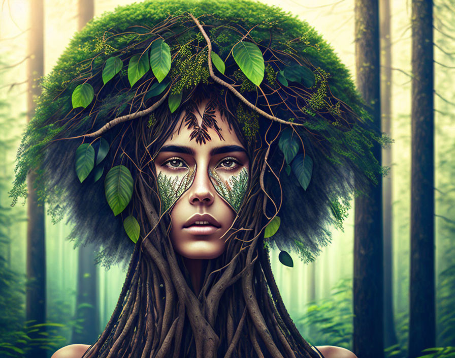 Forest woman in brown with branches around face an