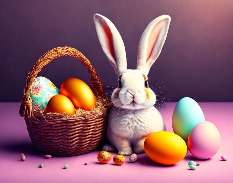White Bunny with Easter Eggs and Candy on Purple Background