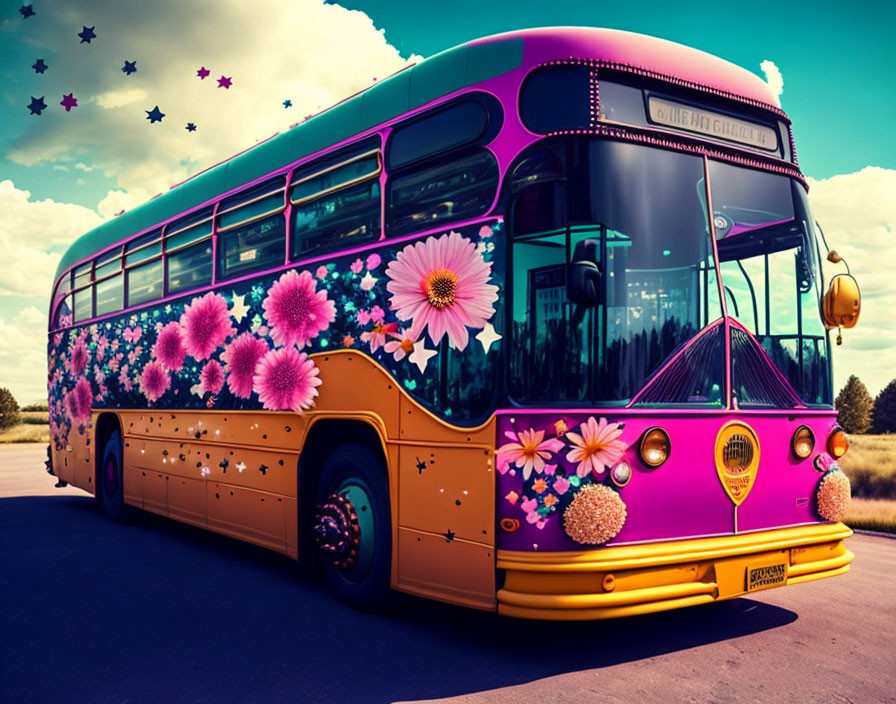 Colorful Floral and Butterfly Design School Bus on Starry Sky Background