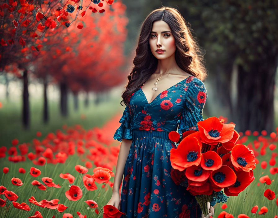 Young woman with a beautiful bouquet of poppies,fu
