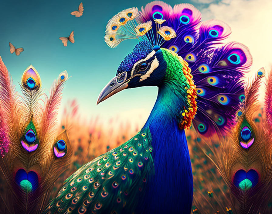 peacock stands on a beautiful flower meadow
