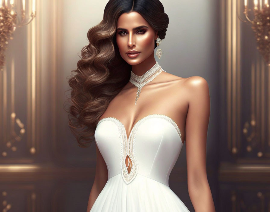 Illustrated woman with wavy brown hair in white dress and jewelry