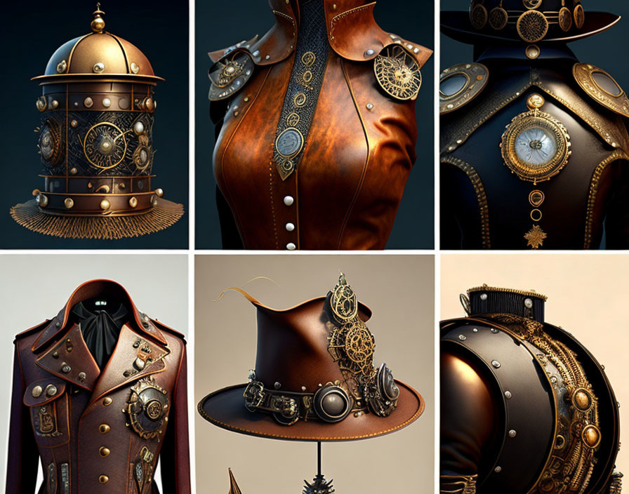 Stylized steampunk-themed collage with brass gears and leather
