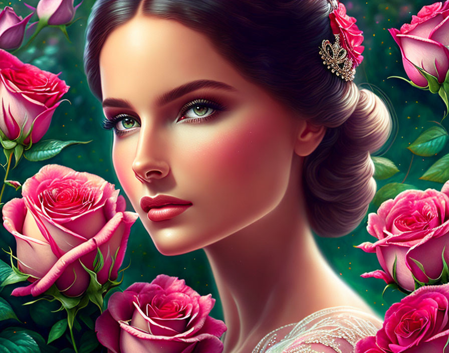 Woman with Bun Hairstyle and Hair Accessory Surrounded by Pink Roses