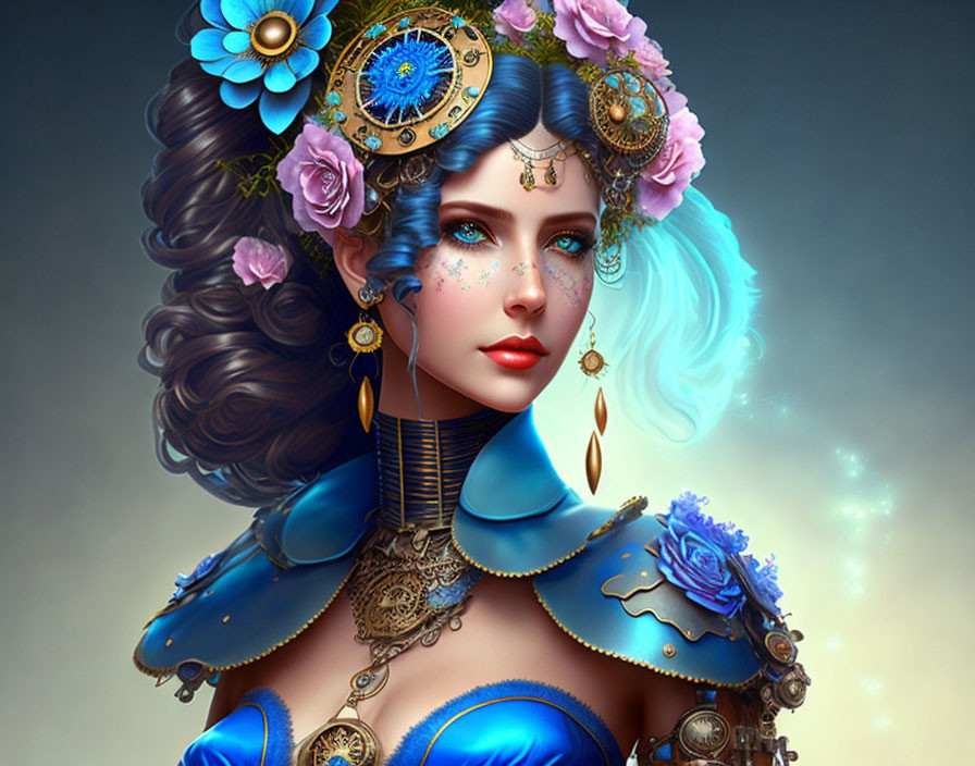 Steampunk woman with blue earrings and flower arra