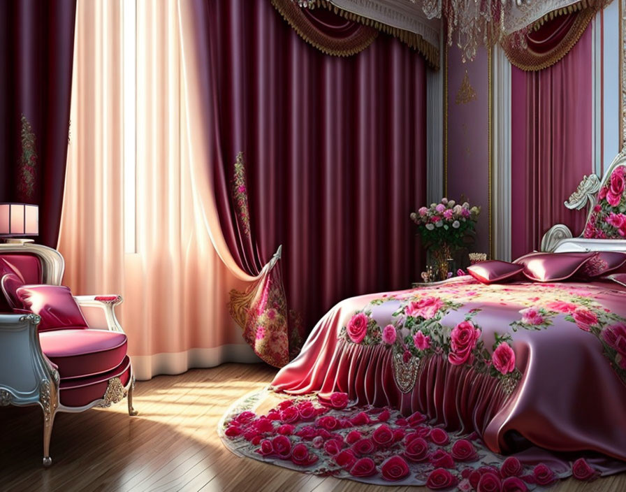 Classic Bedroom Decor with Floral Bedspread and Pink Curtains