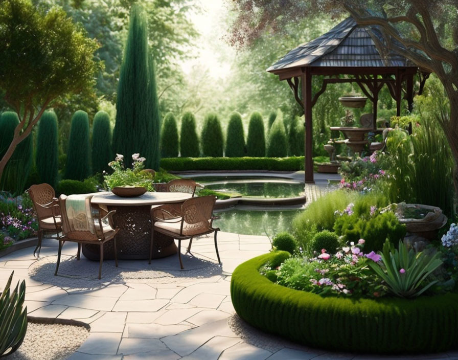 Tranquil garden setting with pond, greenery, gazebo, and pathway