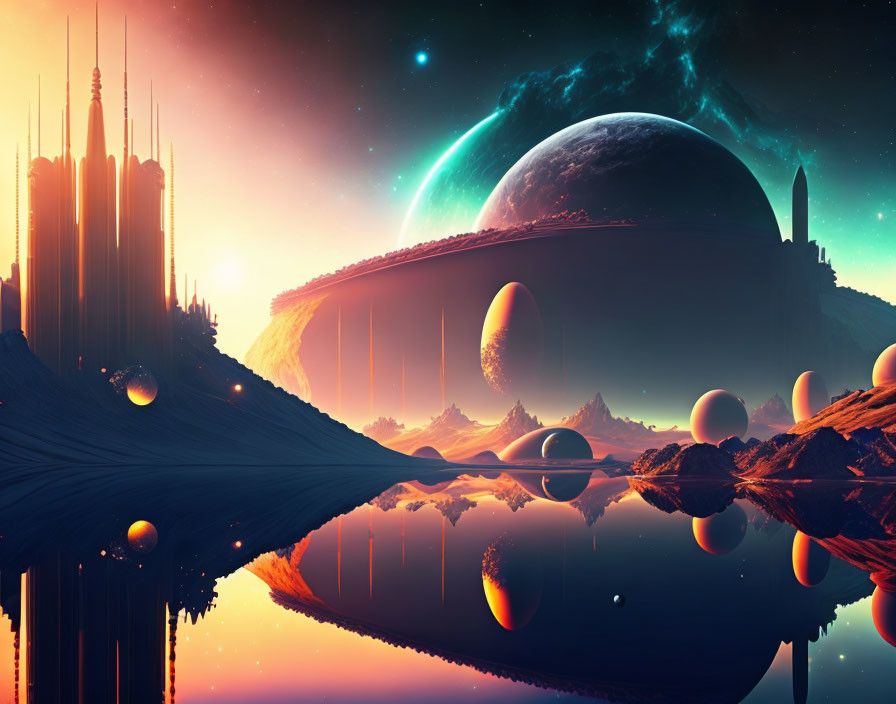 Futuristic sci-fi landscape with celestial bodies and reflective water.