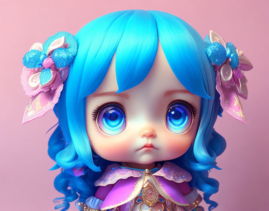 Vibrant 3D doll illustration with blue eyes, hair, pink bows, and purple outfit