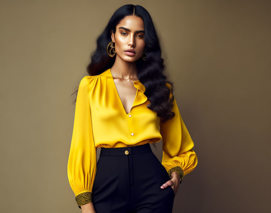 Long Wavy-Haired Woman in Yellow Blouse and Black Trousers on Beige Background