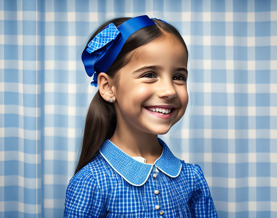  smiling girl in blue,white check dress and hairba