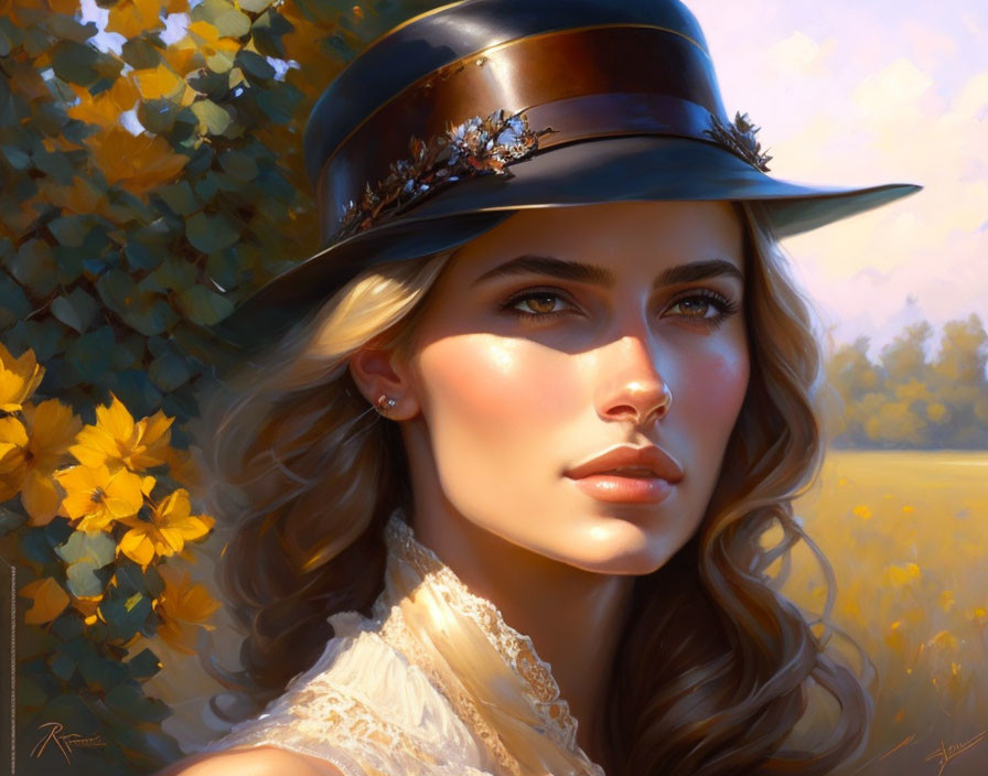 Woman with flowing hair and wide-brimmed hat in sunlit floral setting