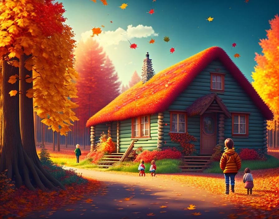  Autumn background with a house in the forest and 