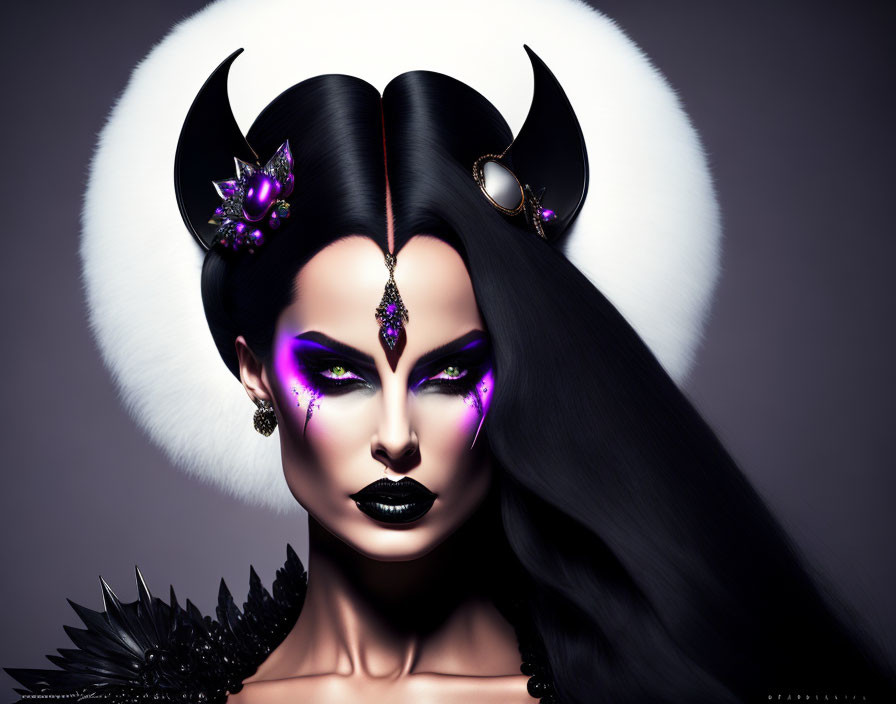 Fantasy makeup: Woman with black and white hair, horns, purple makeup, gemstone accents