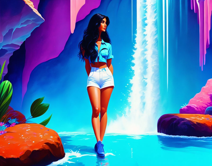 Colorful Illustration: Woman by Waterfall in Whimsical Cave