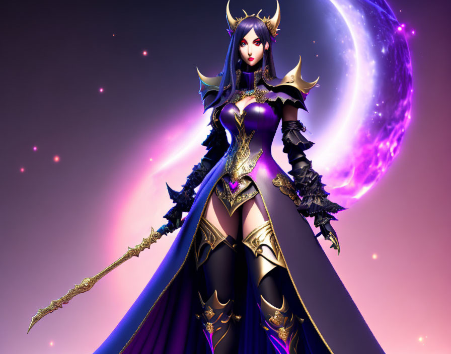 Purple-haired female character in ornate armor wields sword in cosmic scene