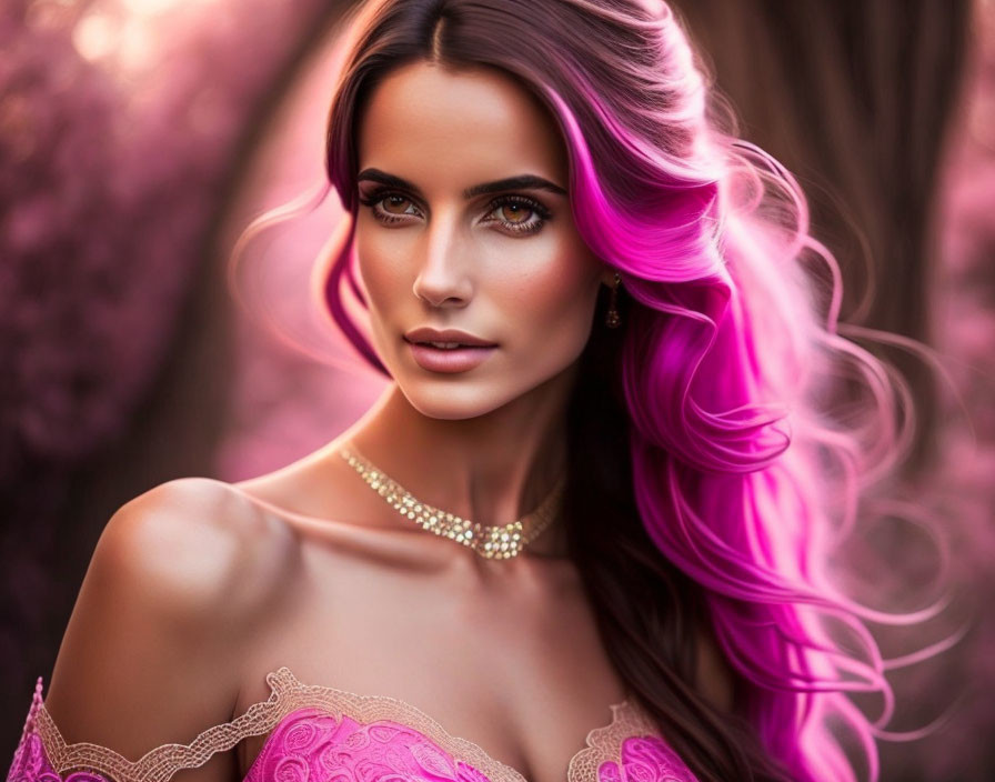  Young woman with brown,longer hair in pink long,t