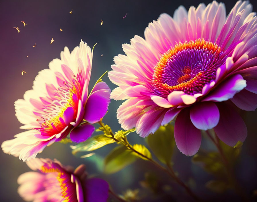 Pink Gerbera Flowers with Purple Hue and Yellow Centers on Soft Bokeh Background