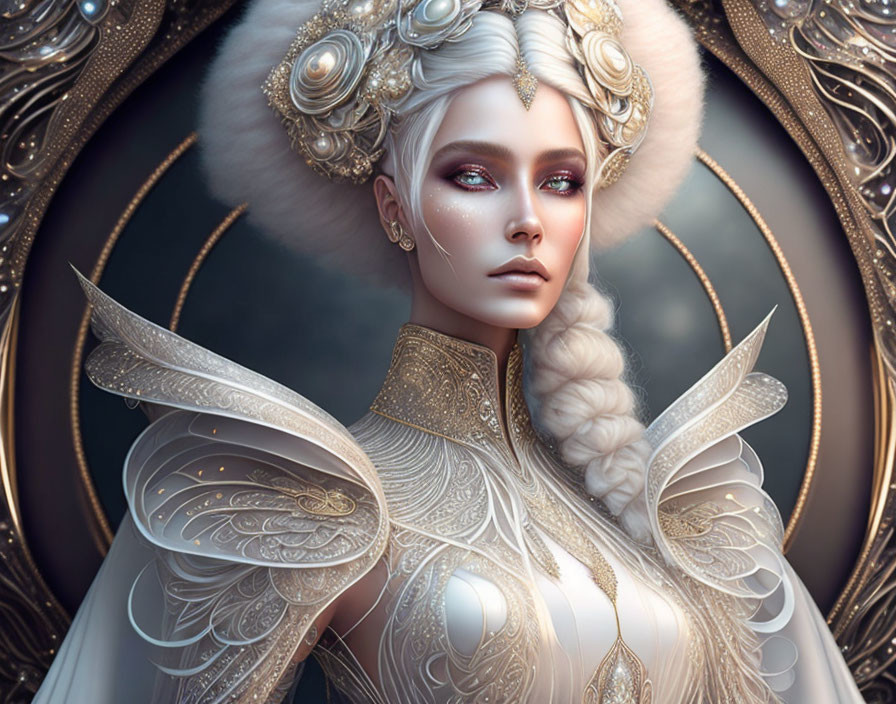 Fantasy character in gold and white armor with ornate headdress.