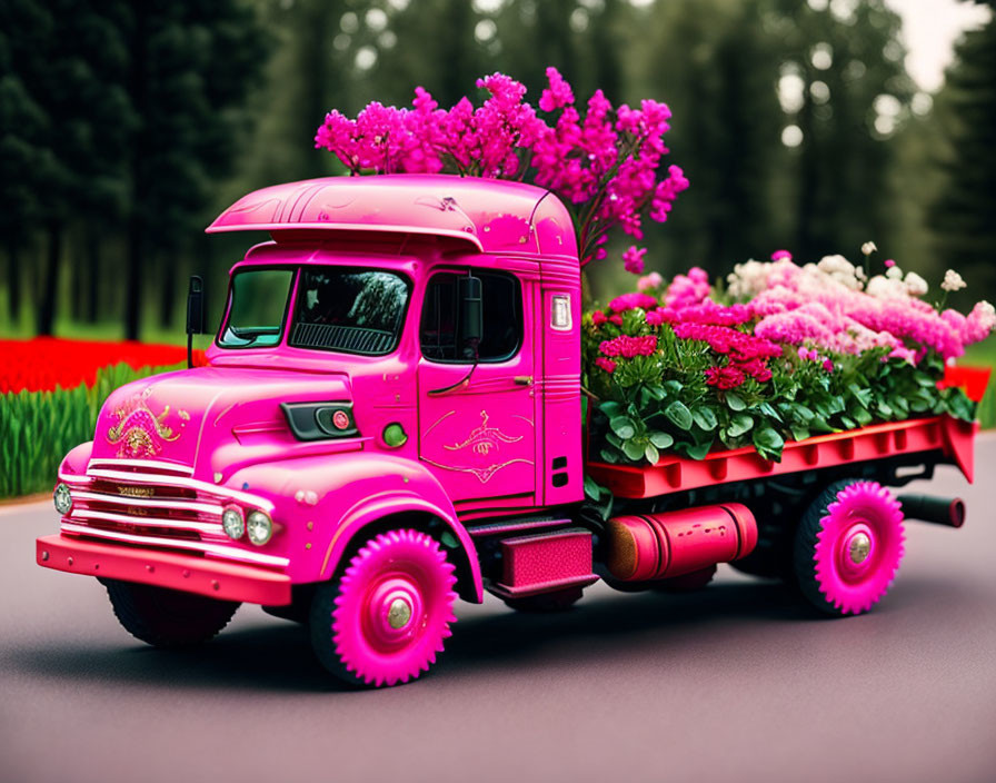 Pink vintage truck carrying blooming flowers on scenic tulip-lined route