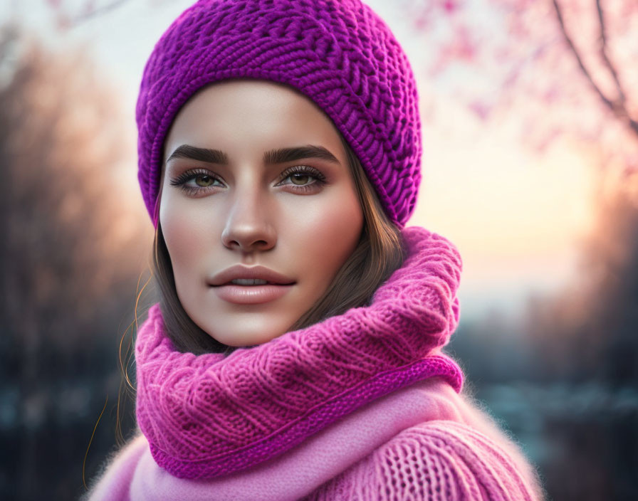 Young woman with pink cap and scarf and wool sweat