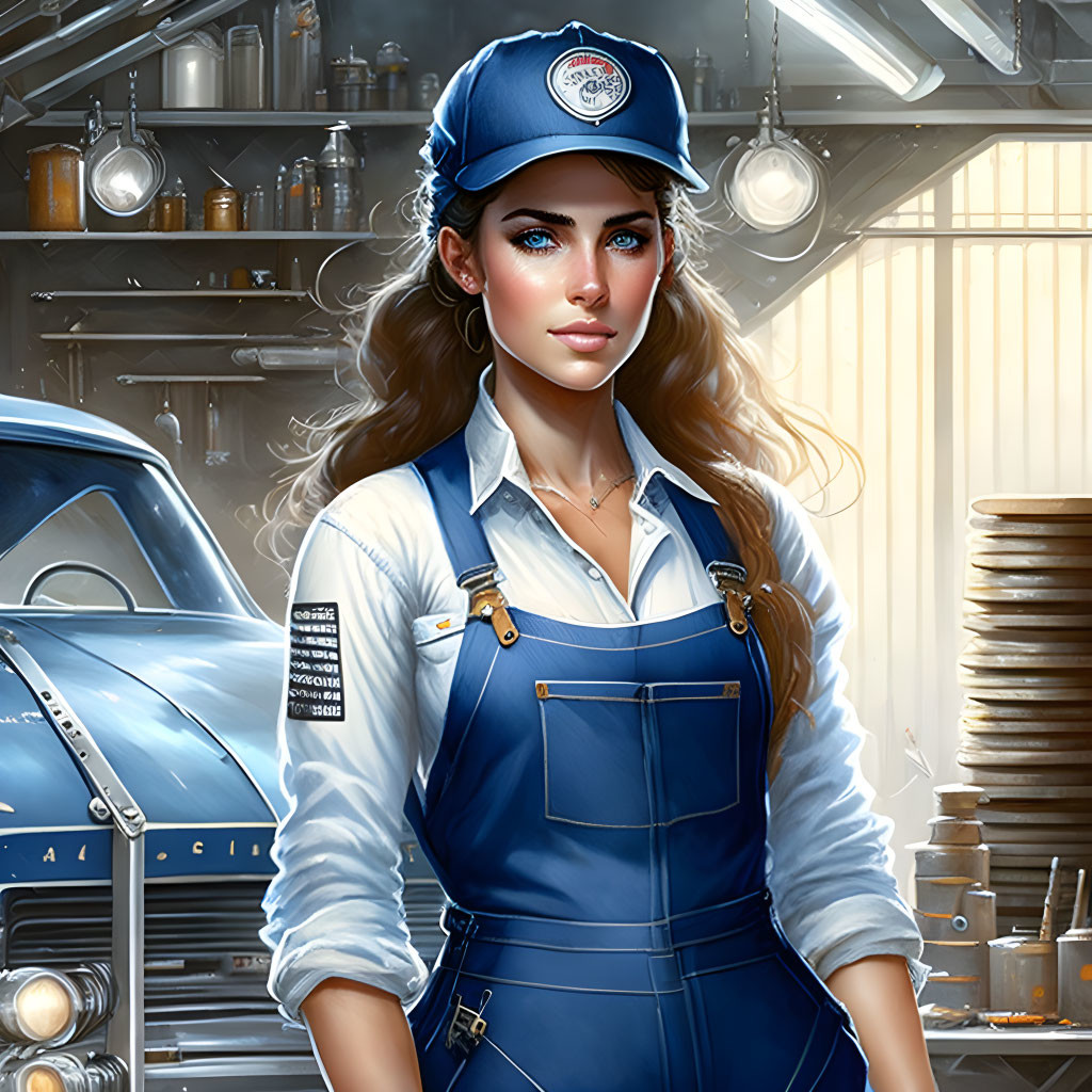 Woman with Long Hair in Mechanic's Outfit in Garage