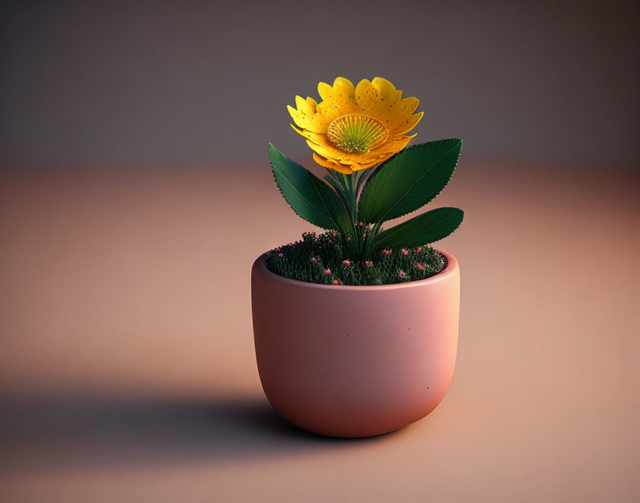 Yellow Flower with Green Leaves Blooming in Pot Surrounded by Pink Buds