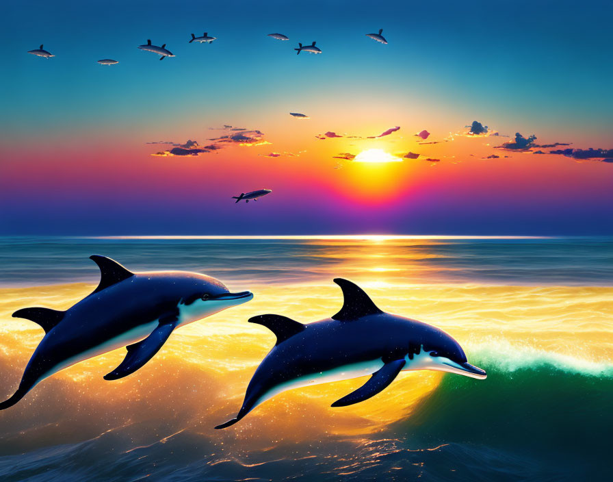  Sea picture with dolphins ,sun and clouds 